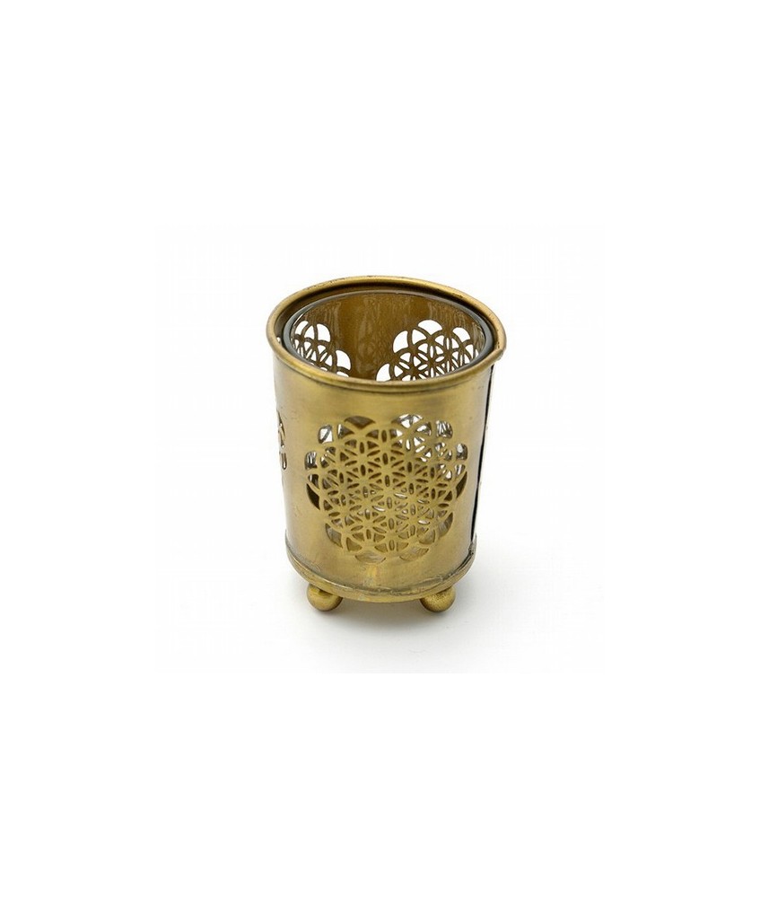 Portavelas de cristal con cobertura exterior metálica dorada con el símbolo grabado de la Flor de la Vida. 

Medida: 

Alto