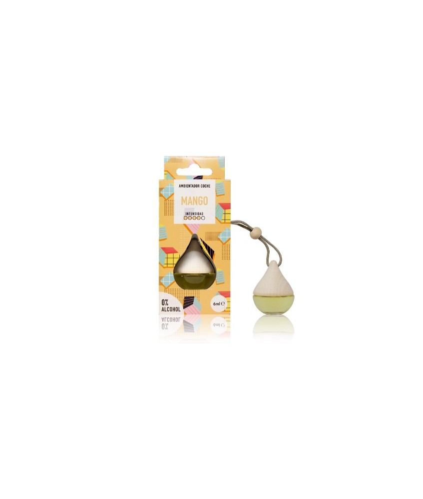 El ambientador coche Drop Mango perfuma coches, armarios y taquillas con un aroma frutal con una intensidad de 4 puntos sobre 5