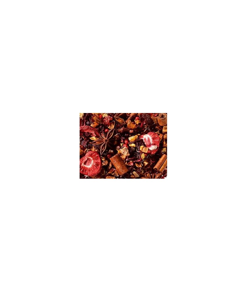 trozos de manzana, flor de hibisco, cáscara de escaramujo, barras de canela, estrella de anís, trocitos de jengibre, pimienta e