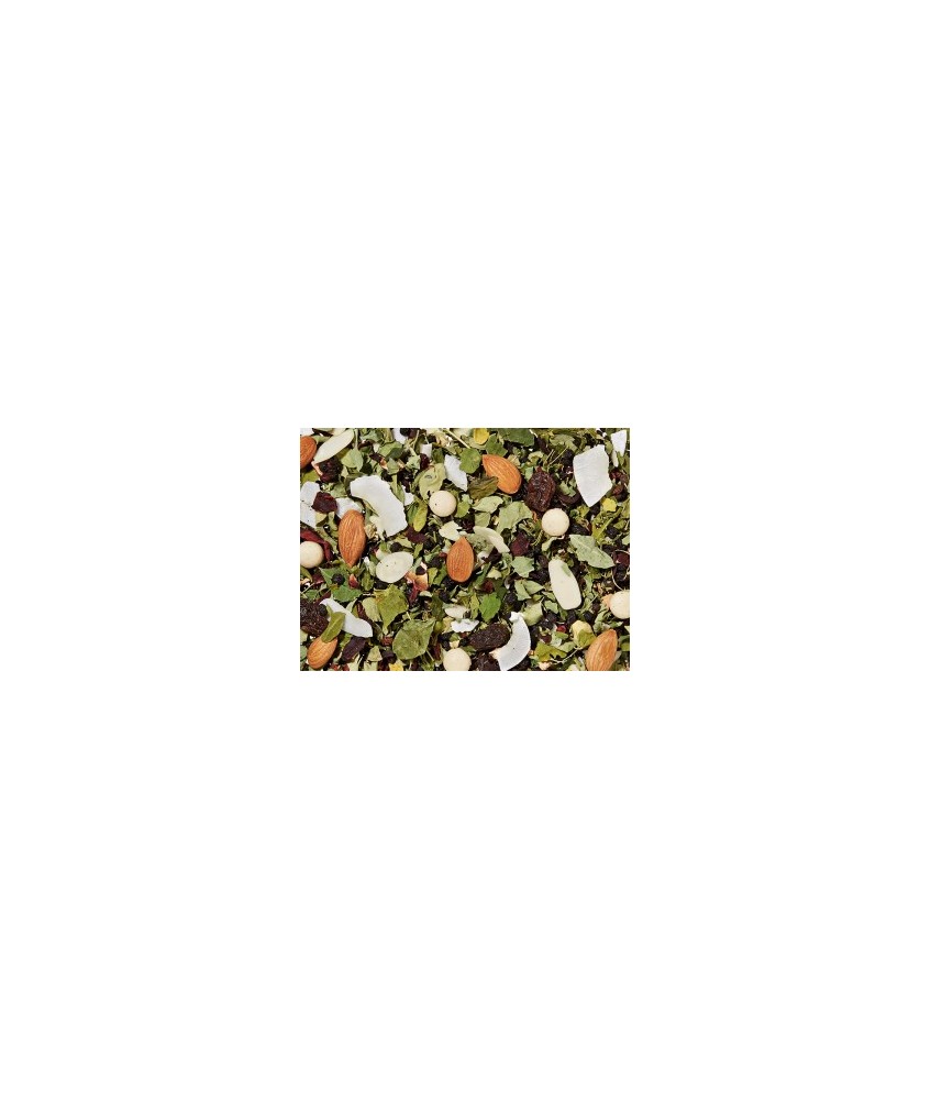 sultanas, flor de hibisco, saúcos, hojas de moringa, pepa de albaricoque, chips de coco, almendra rayada, aroma, Gotas de mazap