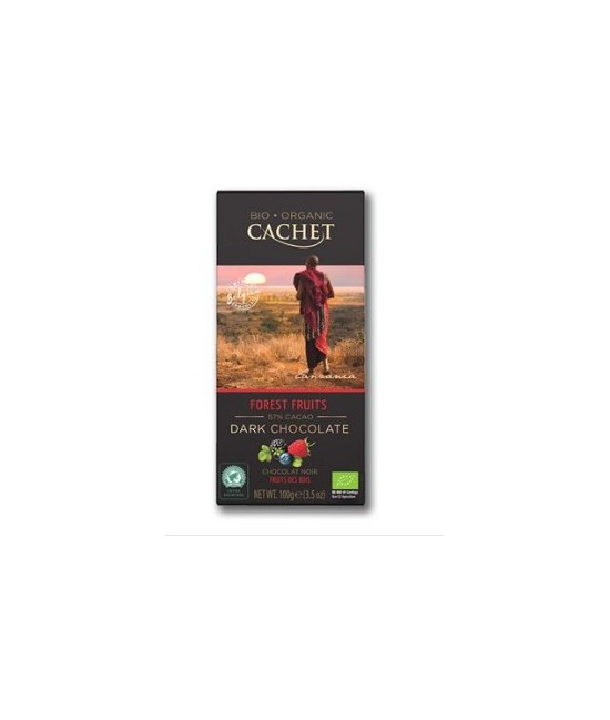 masa de cacao*, azúcar de caña*, manteca de cacao*, Trozos de frutos rojos* (1,5%) (frambuesa*, grosella negra*, arándano*), em