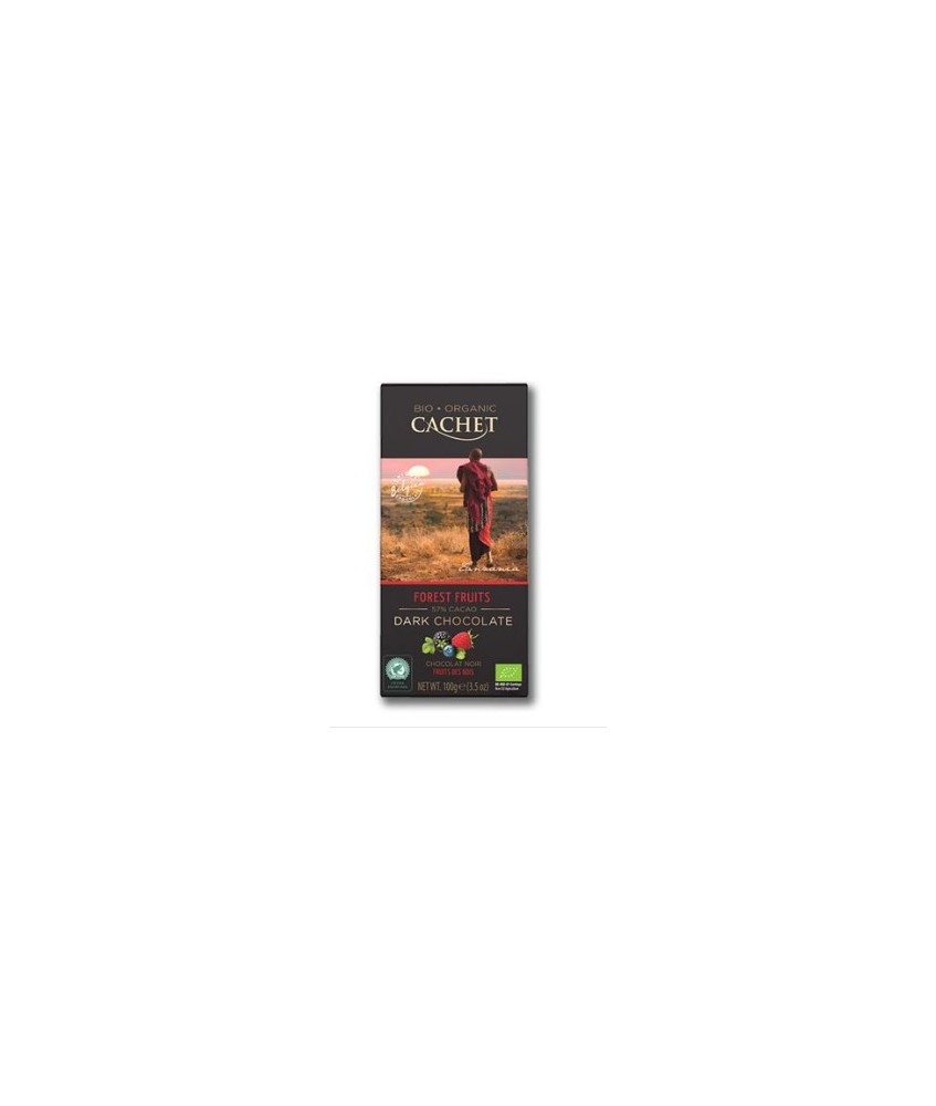 masa de cacao*, azúcar de caña*, manteca de cacao*, Trozos de frutos rojos* (1,5%) (frambuesa*, grosella negra*, arándano*), em