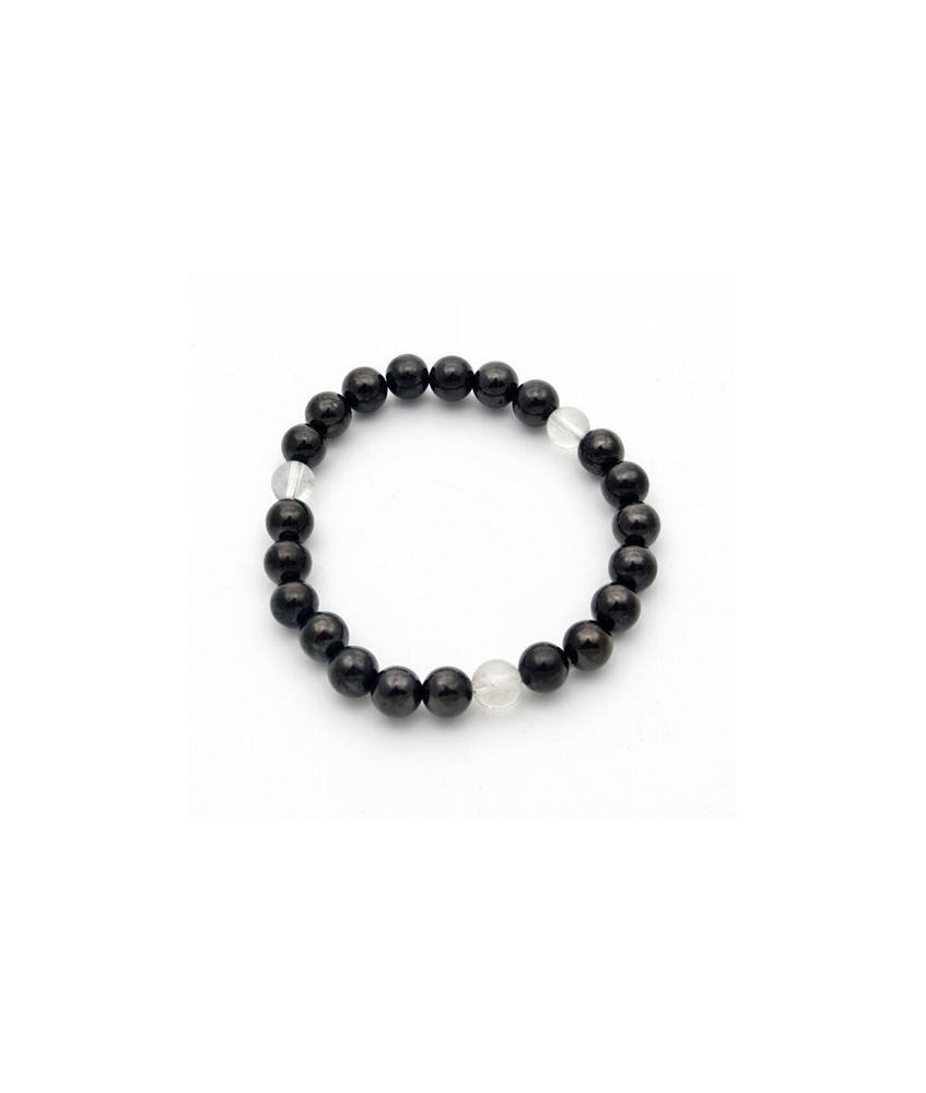 Pulsera de shungita combinada con cristal de roca en bolas de 8mm engarzadas con goma de silicona.

La piedra shungita es un 