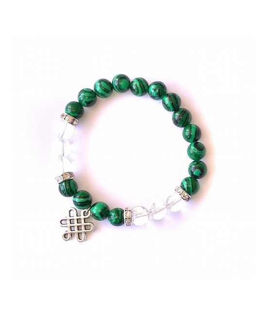 Pulsera de cristal de roca y malaquita (sintética) en bola de 8mm. con un amuleto colgante del nudo infinito* y detalles de cir