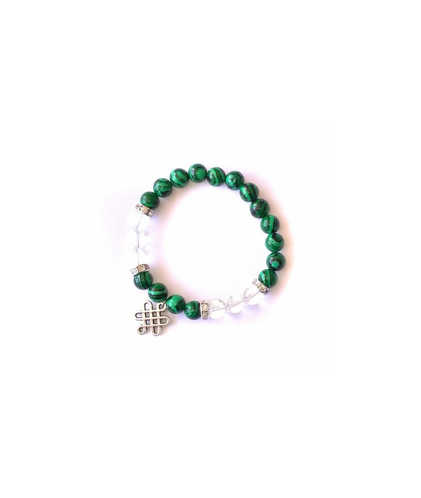 Pulsera de cristal de roca y malaquita (sintética) en bola de 8mm. con un amuleto colgante del nudo infinito* y detalles de cir