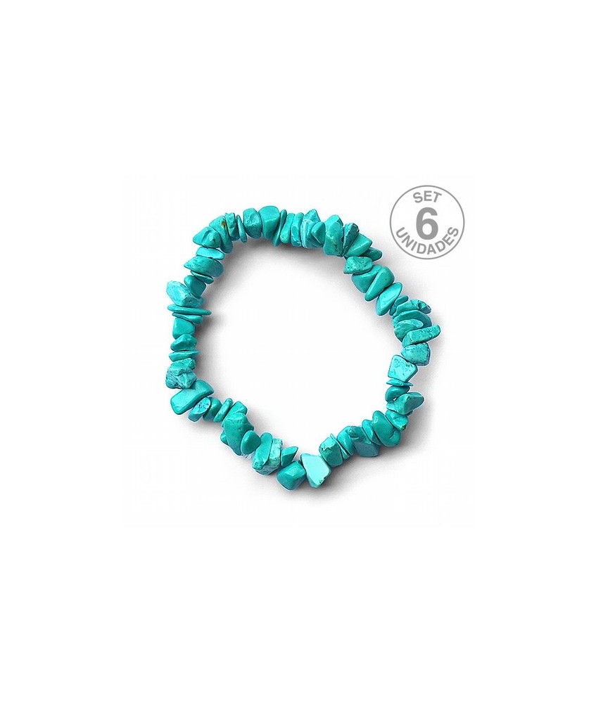 Pulsera de Howlita en piedras chip engarzadas en silicona elástica.
Presentada en percha de cartón con nombre de mineral y su 