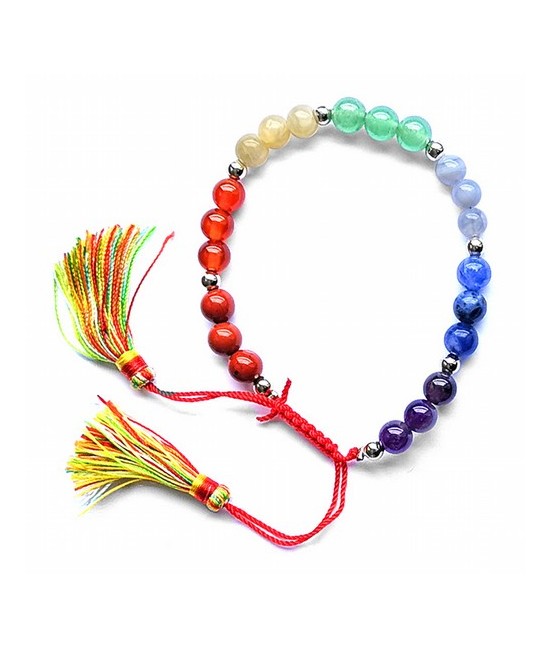 Pulsera decorada con bolas de minerales de 6mm de los chakras y borla con cierre corredero de hilo de algodon.