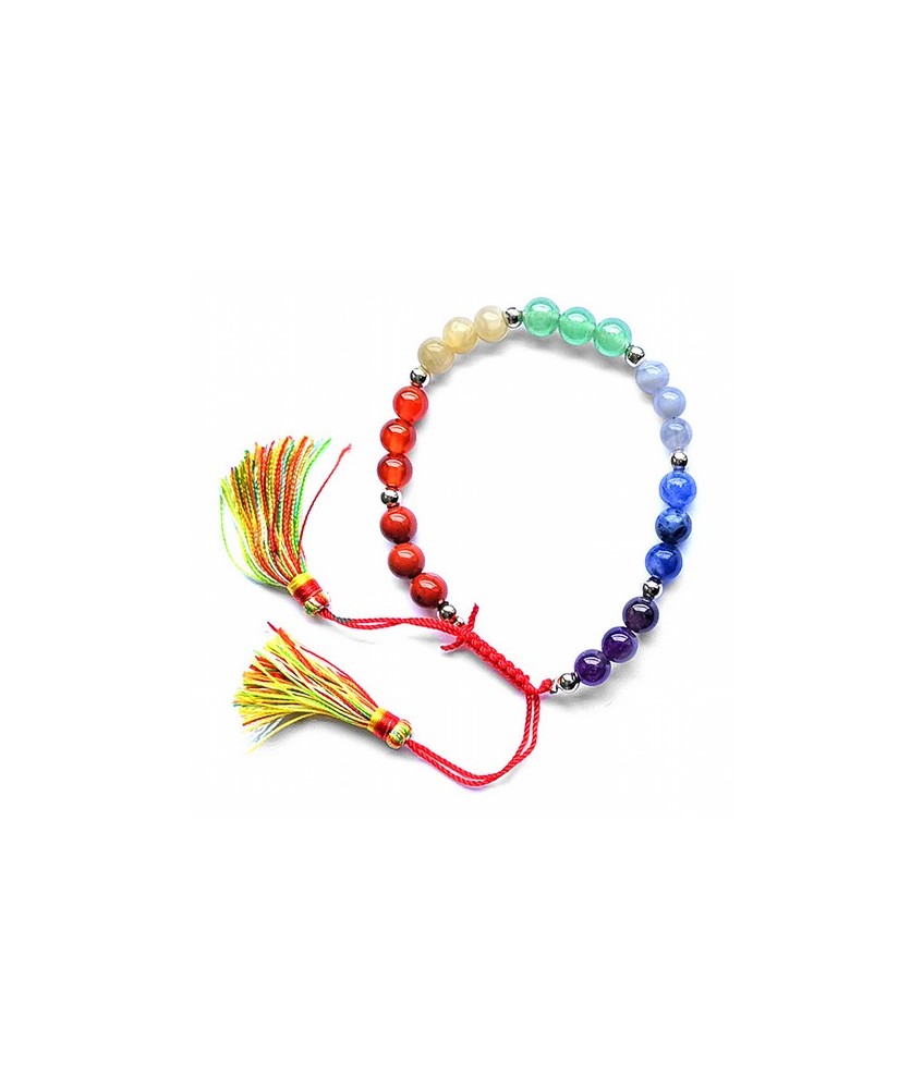 Pulsera decorada con bolas de minerales de 6mm de los chakras y borla con cierre corredero de hilo de algodon.