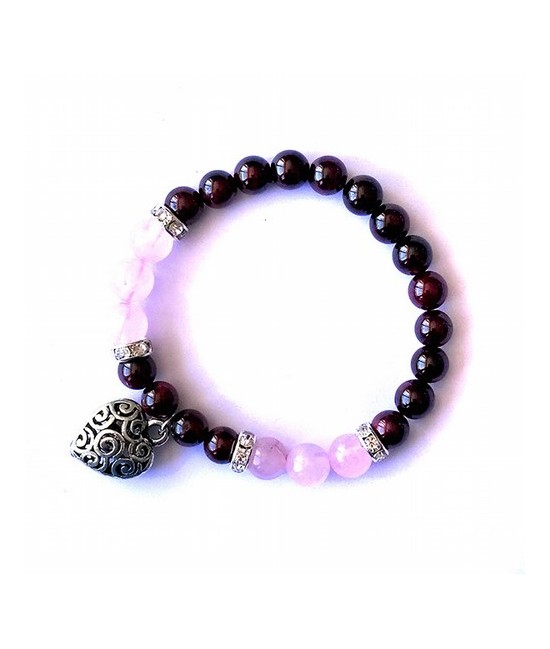 Pulsera de granate y cuarzo rosa en bola de 8 mm. con amuleto colgante de corazón y detalles de circonitas.