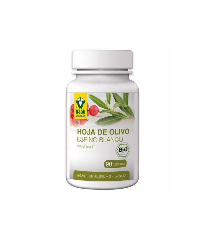 Las cápsulas de hoja de olivo y espino blanco Bio de Raab contienen hojas de olivo en polvo de primera calidad y extractos vege