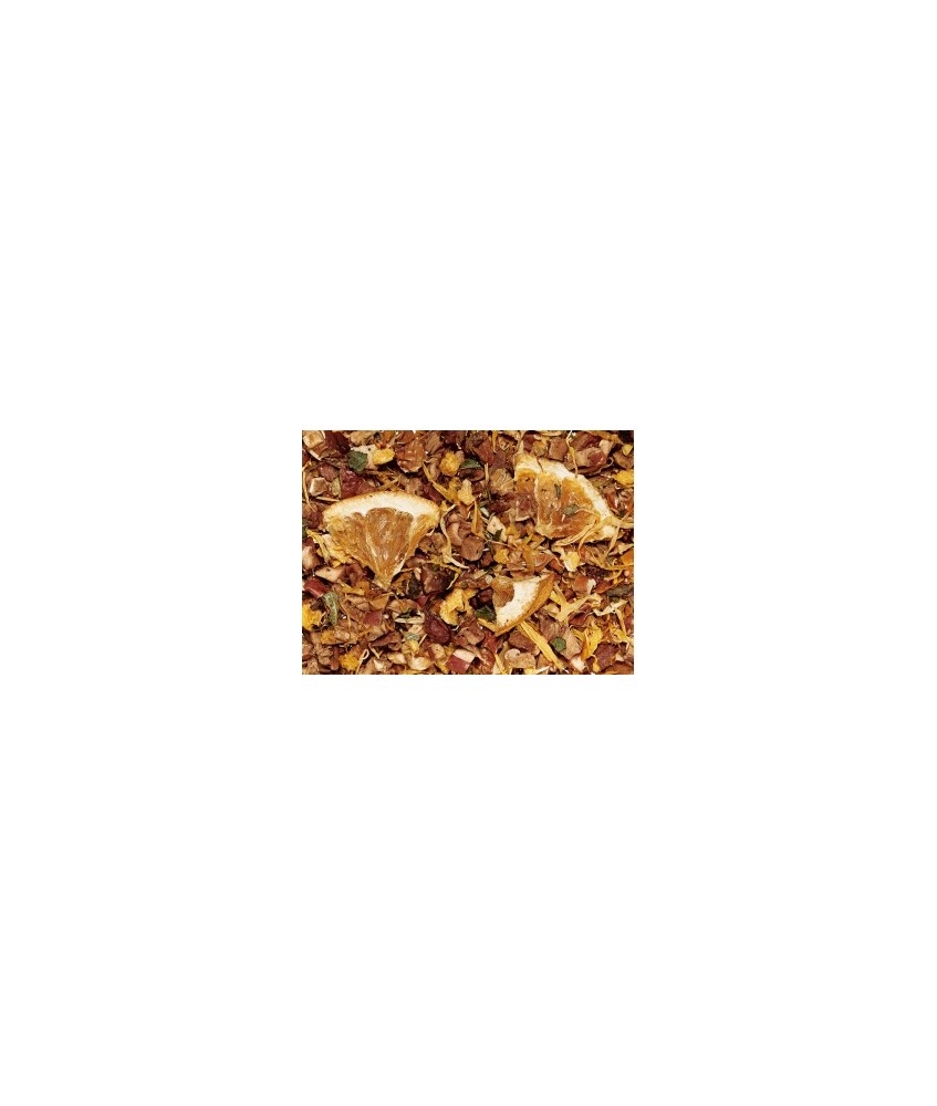 trozos de manzana, rodajas de naranja, aroma natural, pedacitos de mandarina/naranja liofilizada, hojas de calendula, hojas de 