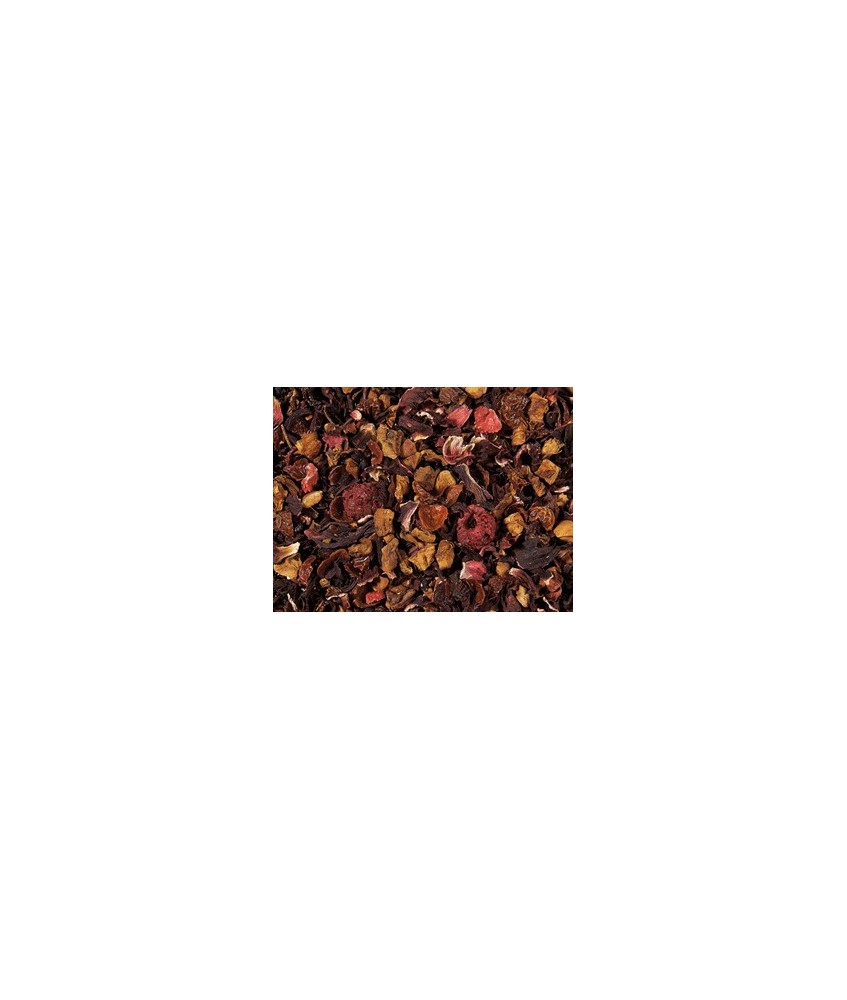 flor de hibisco, trozos de manzana, saúcos, cáscara de escaramujo, aroma, frambuesa entera liofilizada, trocitos de fresa liofi