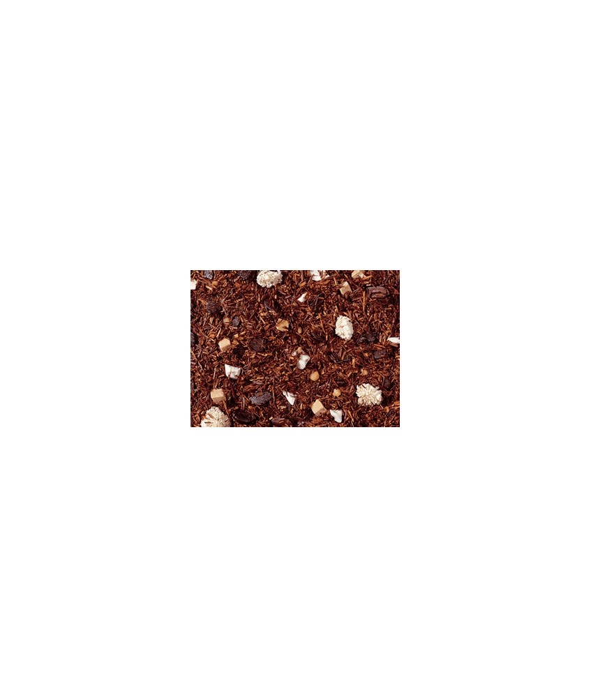 té Rooibos, plaquitas de chocolate (ázucar, grano de cacao molido con manteca de cacao, polvo de cacao, emulsionanate: soja-lec