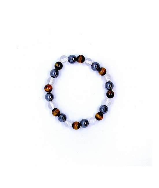 Pulsera de Hematite, Cristal de Roca y Ojo de tigre en bola de 8 mm.
Engarzada en goma elástica.
