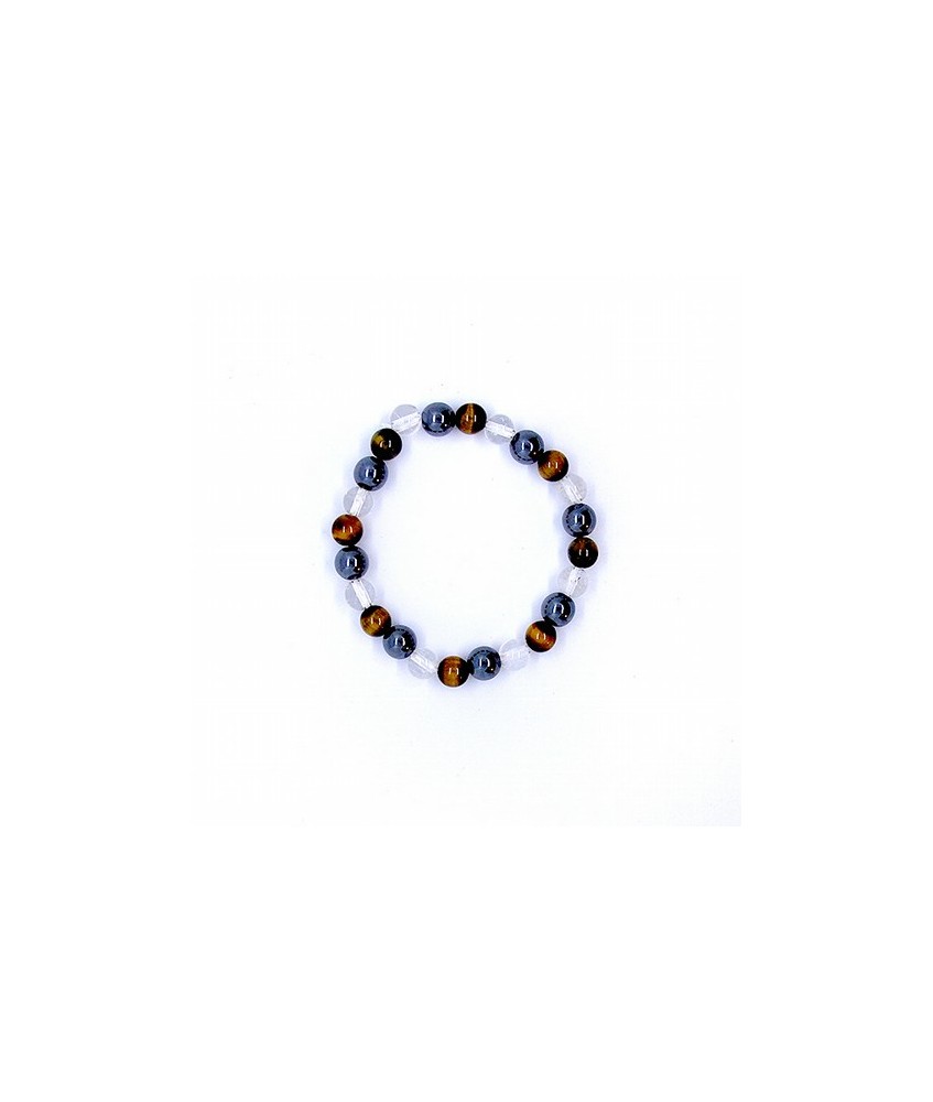 Pulsera de Hematite, Cristal de Roca y Ojo de tigre en bola de 8 mm.
Engarzada en goma elástica.
