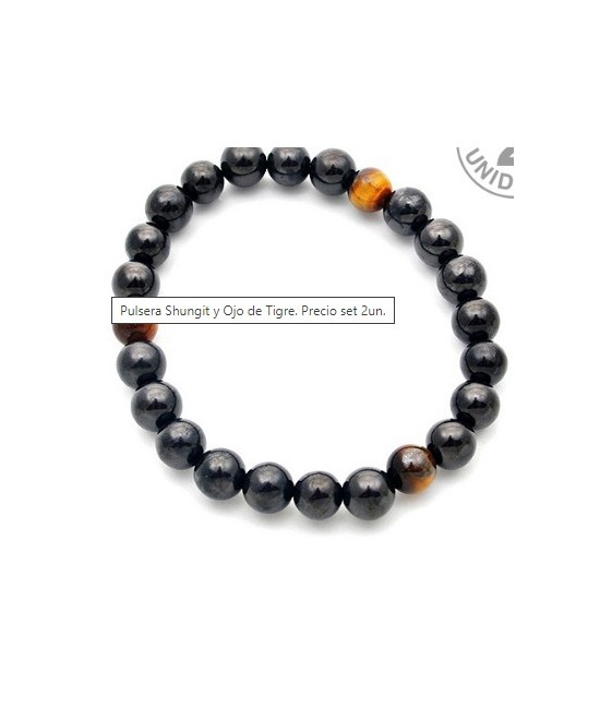 Pulsera de shungit y ojo de tigre en bola de 8 mm.

Presentado con cartón explicativo.