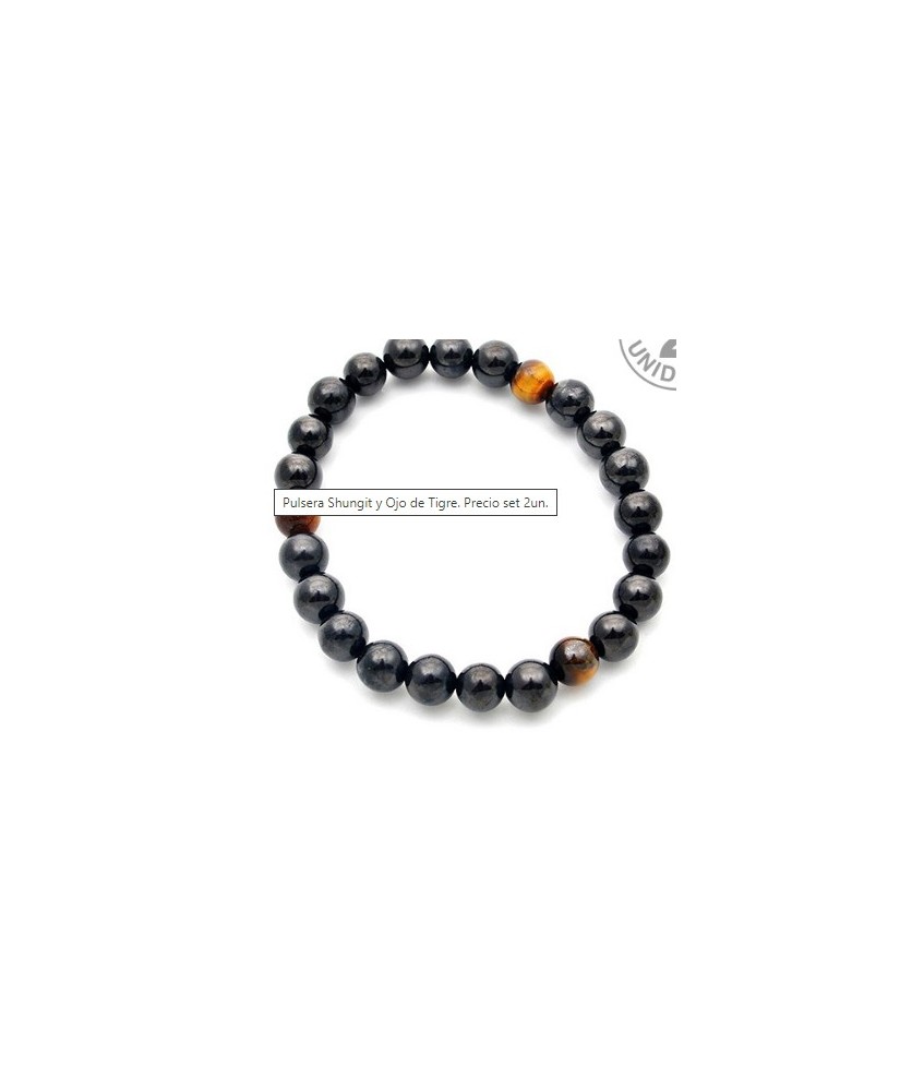Pulsera de shungit y ojo de tigre en bola de 8 mm.

Presentado con cartón explicativo.