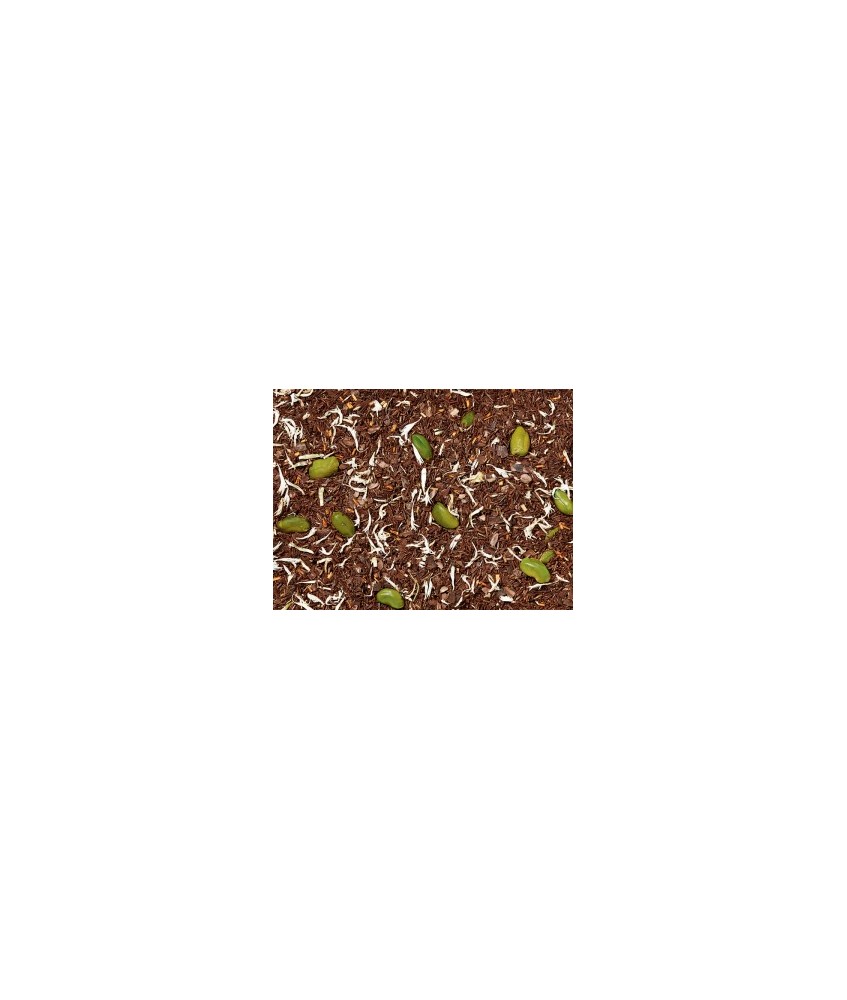 té Rooibos, cáscara de cacao, pistacho, aroma, flores de aciano blanco