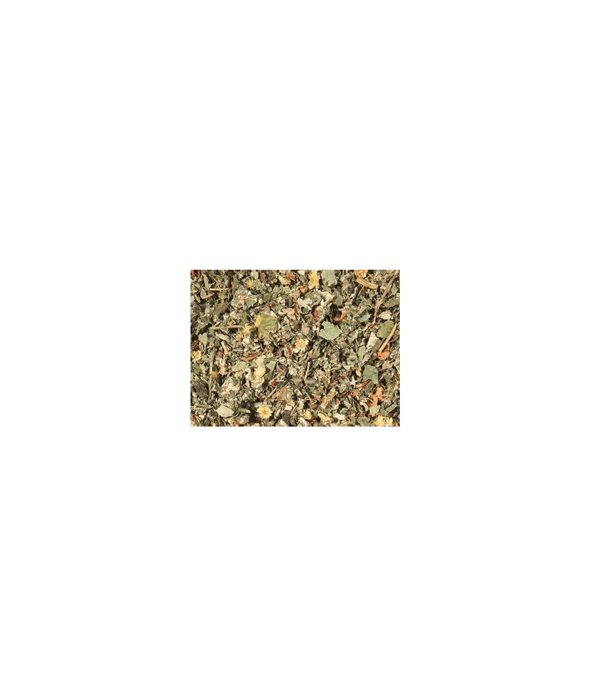 trozos de manzana, hojas de menta, hojas de frambuesa, hojas de zarzamora, hojas de malva, hojas de grosella negra, flor de ant