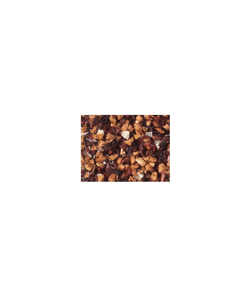 trozos de manzana, flor de hibisco, cáscara de escaramujo, cubitos de piña (piña, azúcar), rayadura de coco, aroma.
Importante