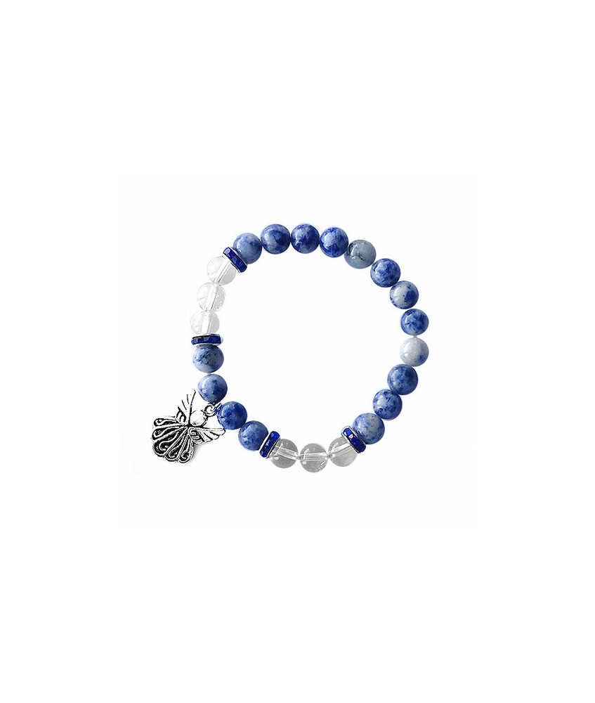 Pulsera de Sodalita y Cristal de Roca en bola de 8 mm. con amuleto colgante metálico en forma de ángel y detalles de circonitas