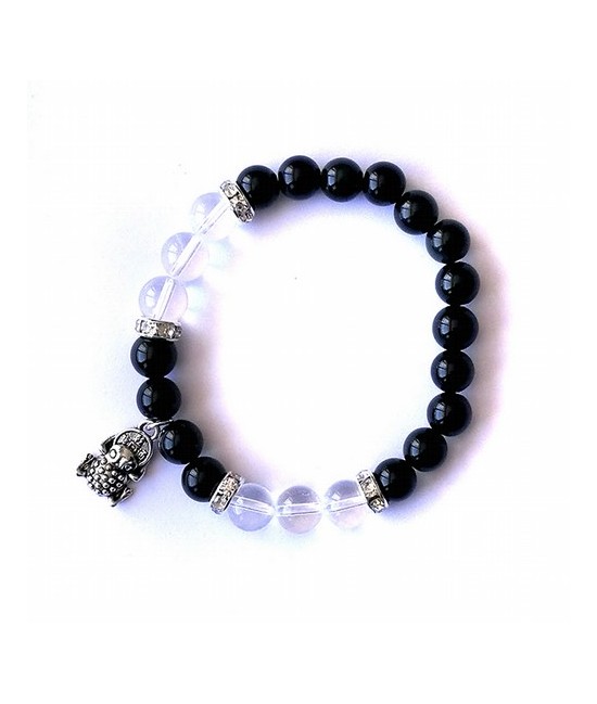 Pulsera de obsidiana arcoiris y cristal de roca en bola de 8 mm engarzadas en silicona elástica con amuleto colgante de rana co