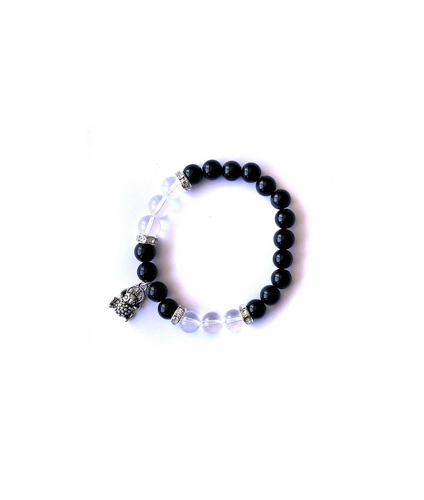 Pulsera de obsidiana arcoiris y cristal de roca en bola de 8 mm engarzadas en silicona elástica con amuleto colgante de rana co