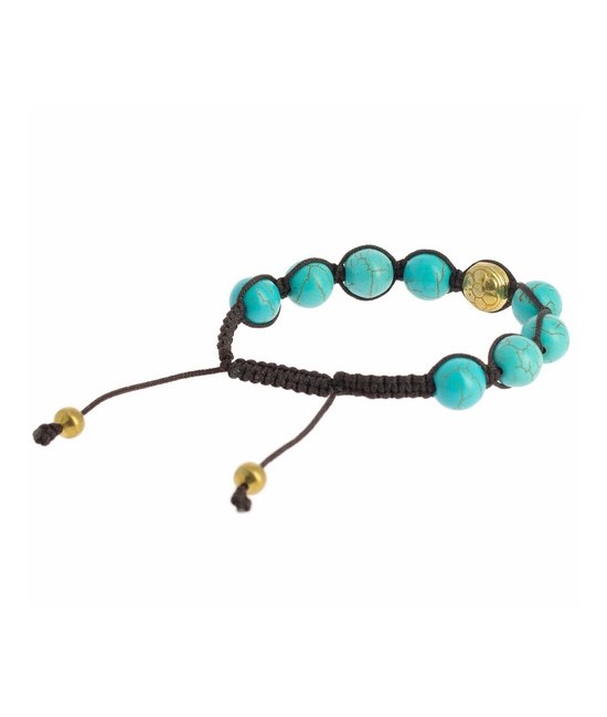 Pulsera Shambala Om Magnesita Turquesa
Code: BI259
Características técnicas: 
Ø ±10 mm, magnesita turquesa y metal dorado (a