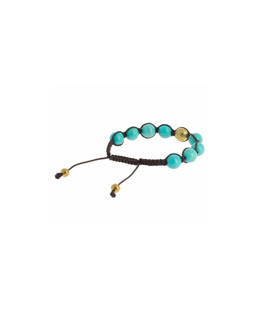 Pulsera Shambala Om Magnesita Turquesa
Code: BI259
Características técnicas: 
Ø ±10 mm, magnesita turquesa y metal dorado (a