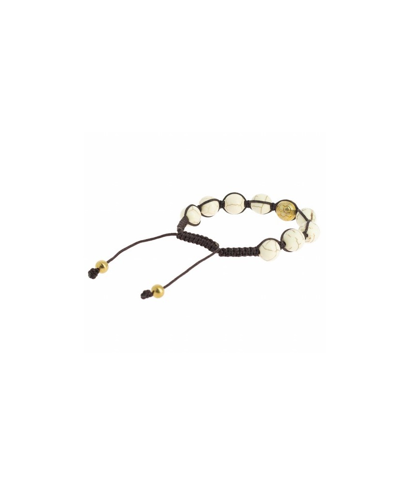 Pulsera Shambala Om Magnesita
Code: BI256
Características técnicas: 
Ø ±10 mm, magnesita y metal dorado (aleación de cobre y