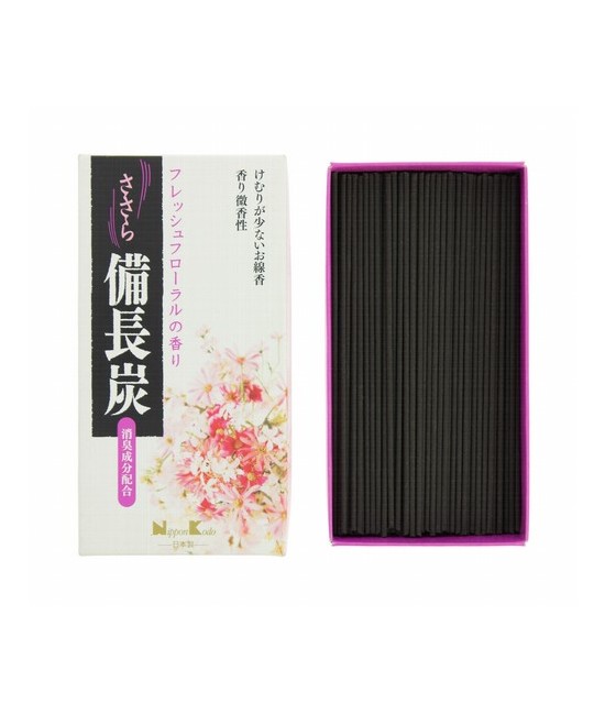 El incienso Sasara Binchotan Fresh Floral está hecho a base de carbón Bincho de Kishu (prefectura de Wakayama), el de más calid