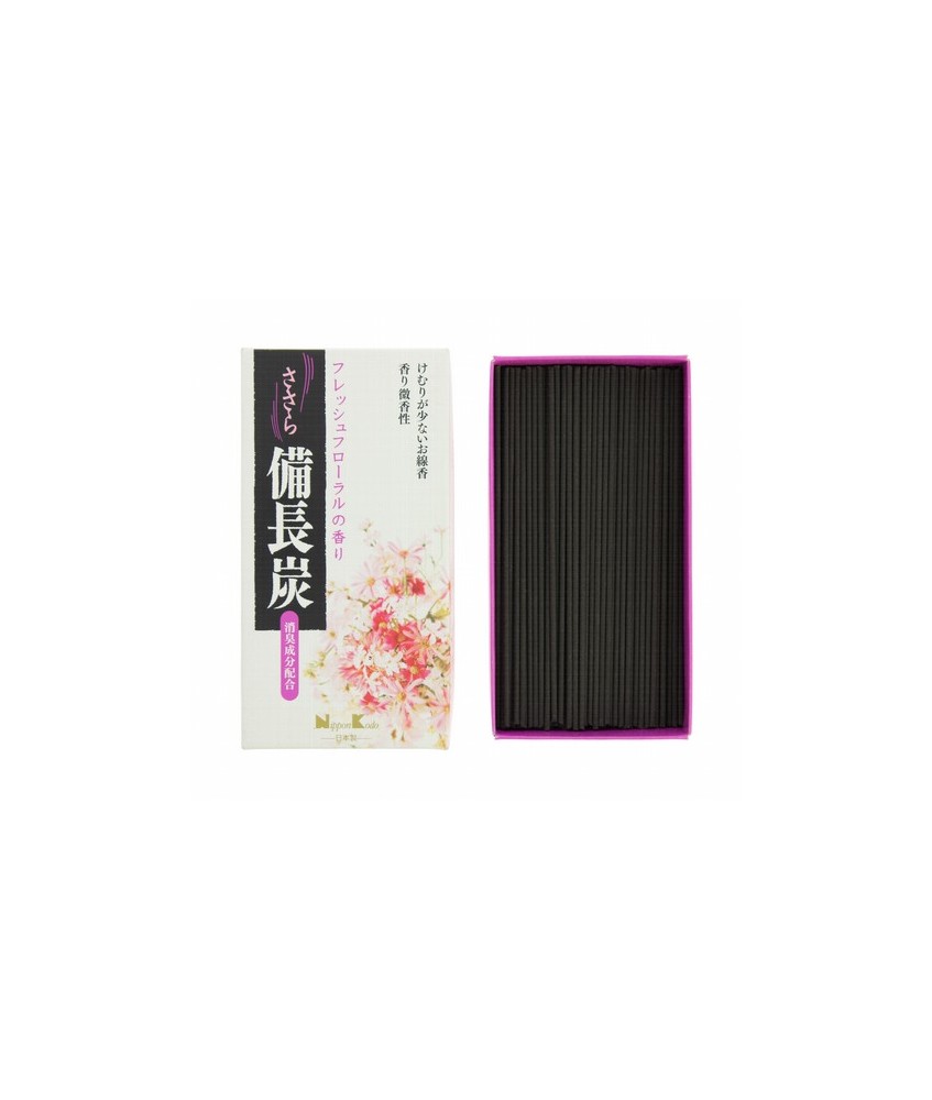 El incienso Sasara Binchotan Fresh Floral está hecho a base de carbón Bincho de Kishu (prefectura de Wakayama), el de más calid
