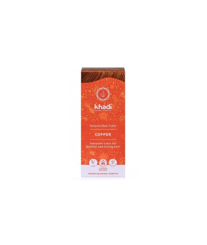Tinte natural Khadi Cobre, da un brillante tono cobrizo dorado, puente entre el rubio y el rojizo.

Formulaciones ayurvedas a