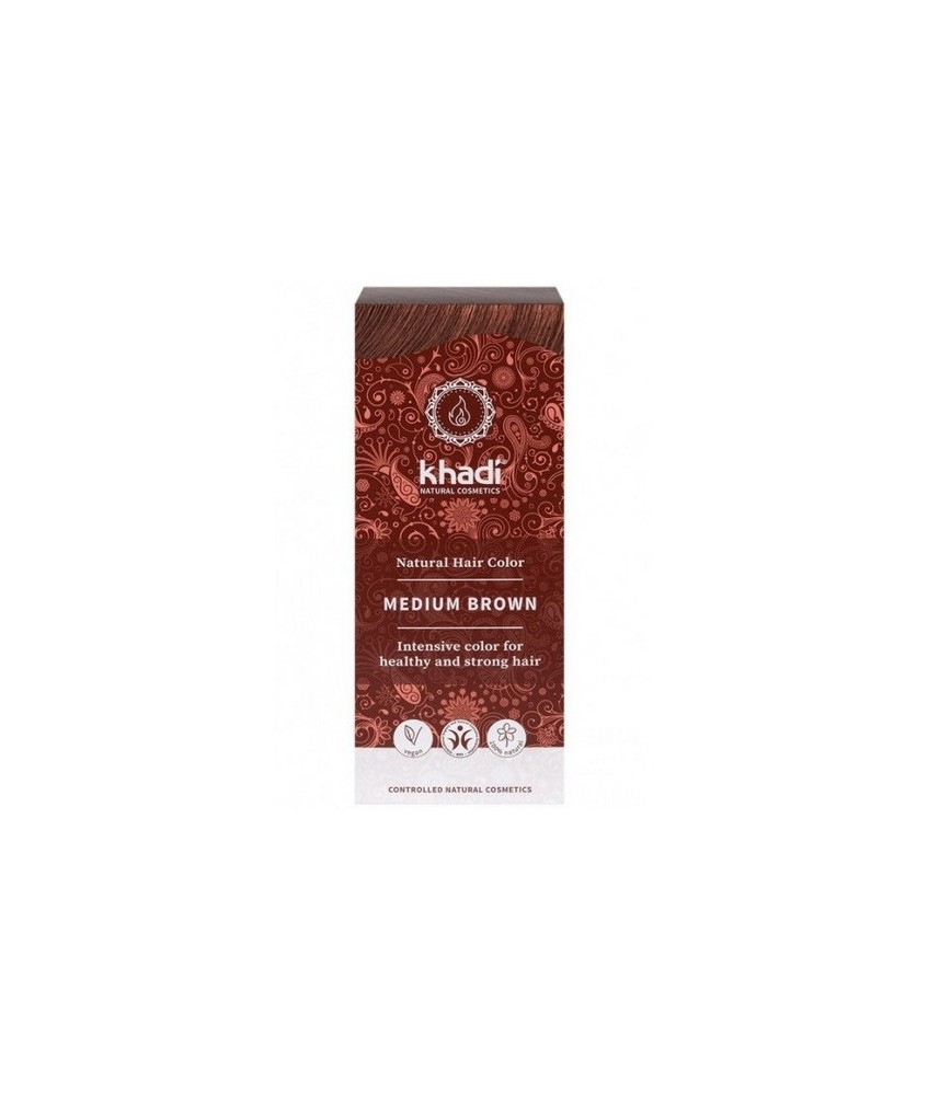 Tinte natural Khadi que proporciona un tono castaño medio natural al cabello.

Formulaciones ayurvedas de larga permanencia p