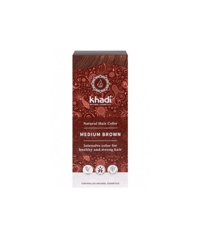 Tinte natural Khadi que proporciona un tono castaño medio natural al cabello.

Formulaciones ayurvedas de larga permanencia p