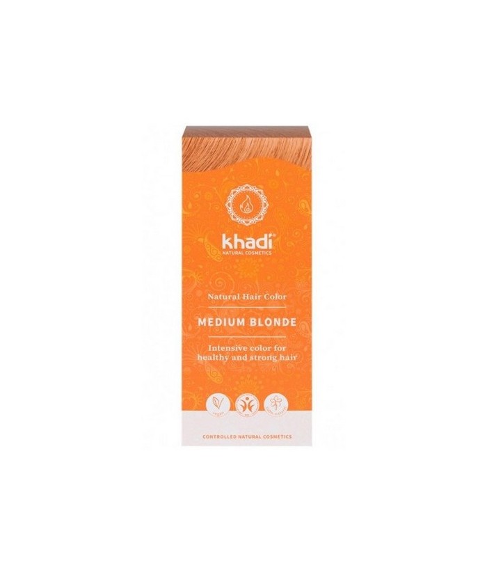 Tinte natural Khadi que proporciona un tono rubio medio al cabello.

Formulaciones ayurvedas de larga permanencia para un pel