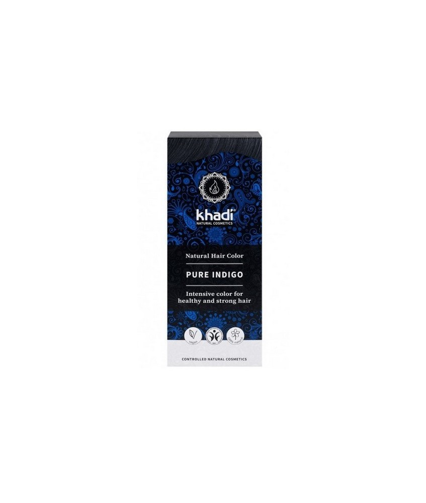 Índigo 100% natural Khadi, polvo puro de Indigofera Tinctoria , que proporciona un radiante color negro al cabello.

Color na
