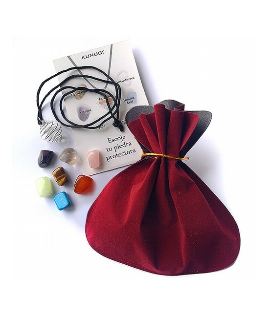 Set  "Escoje tu piedra protectora" compuesto por: 

   Siete minerales (Ojo de Tigre, Carneola, Cristal de Roca, Amatista, Ho