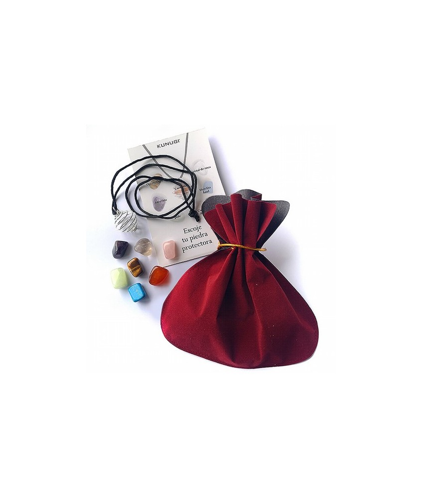 Set  "Escoje tu piedra protectora" compuesto por: 

   Siete minerales (Ojo de Tigre, Carneola, Cristal de Roca, Amatista, Ho