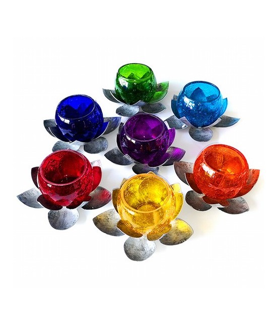 Set de 7 portavelas en forma de Flor de Loto.El Cristal con el que estan diseñados, corresponde al color de cada uno de los cha