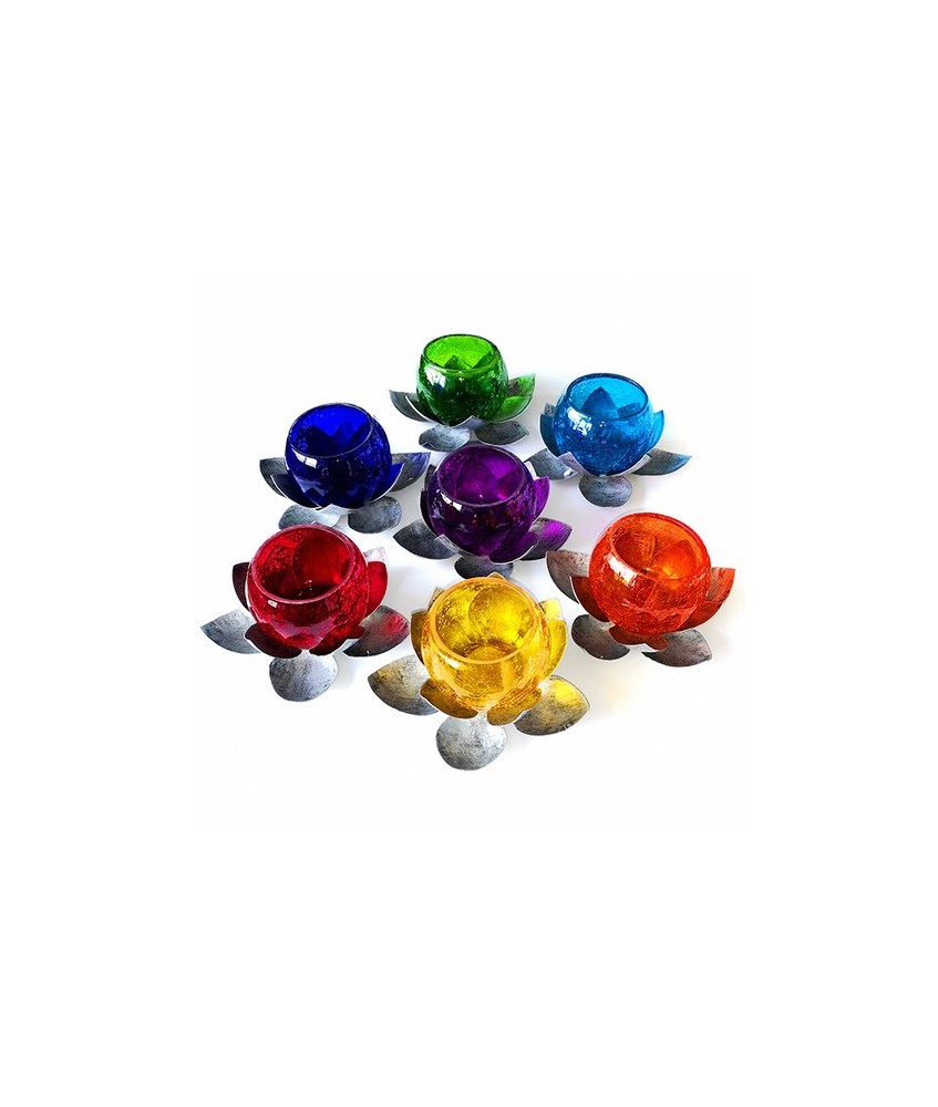 Set de 7 portavelas en forma de Flor de Loto.El Cristal con el que estan diseñados, corresponde al color de cada uno de los cha