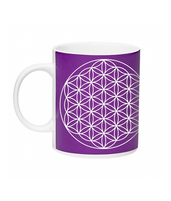 Taza de cerámica de color blanco con el símbolo de la flor de la vida serigráfiado sobre fondo morado.

Medida: 8 x 9.5cm

