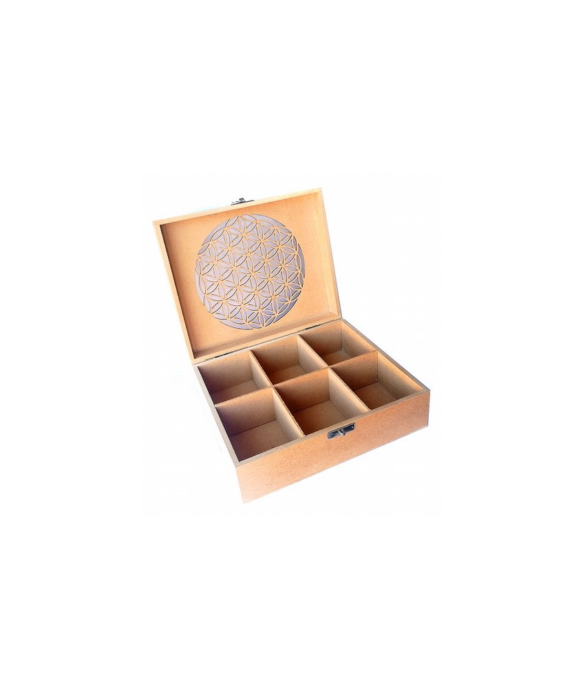 Caja de madera con símbolo del Flor de la Vida.

Medidas: 21x18x7,5cm con 6 depts.

