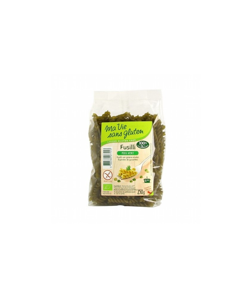 Pasta fusilli de guisantes. Rica en proteínas. Fuente de fibra. De cocción rápida. Sin gluten
Ingredientes: Harina de guisante