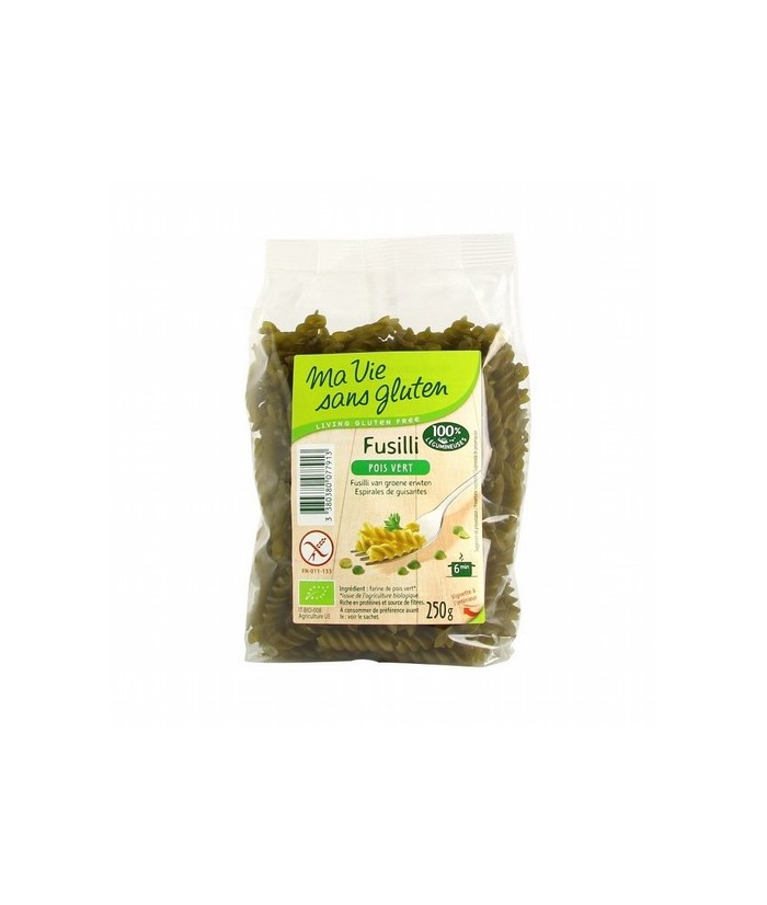 Pasta fusilli de guisantes. Rica en proteínas. Fuente de fibra. De cocción rápida. Sin gluten
Ingredientes: Harina de guisante