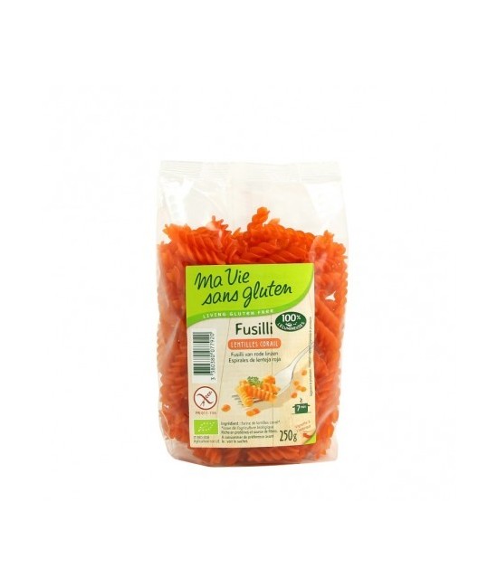 Pasta fusilli de lenteja roja. Rica en proteínas. Fuente de fibra. De cocción rápida. Sin gluten.
Ingredientes: Harina de lent