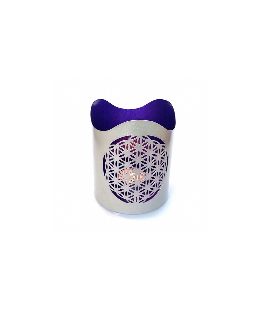 Portavelas metálico.

Medida: Ø10 cm. x 12 cm. alto

Color interior: Lila

Color Exterior: Plateado