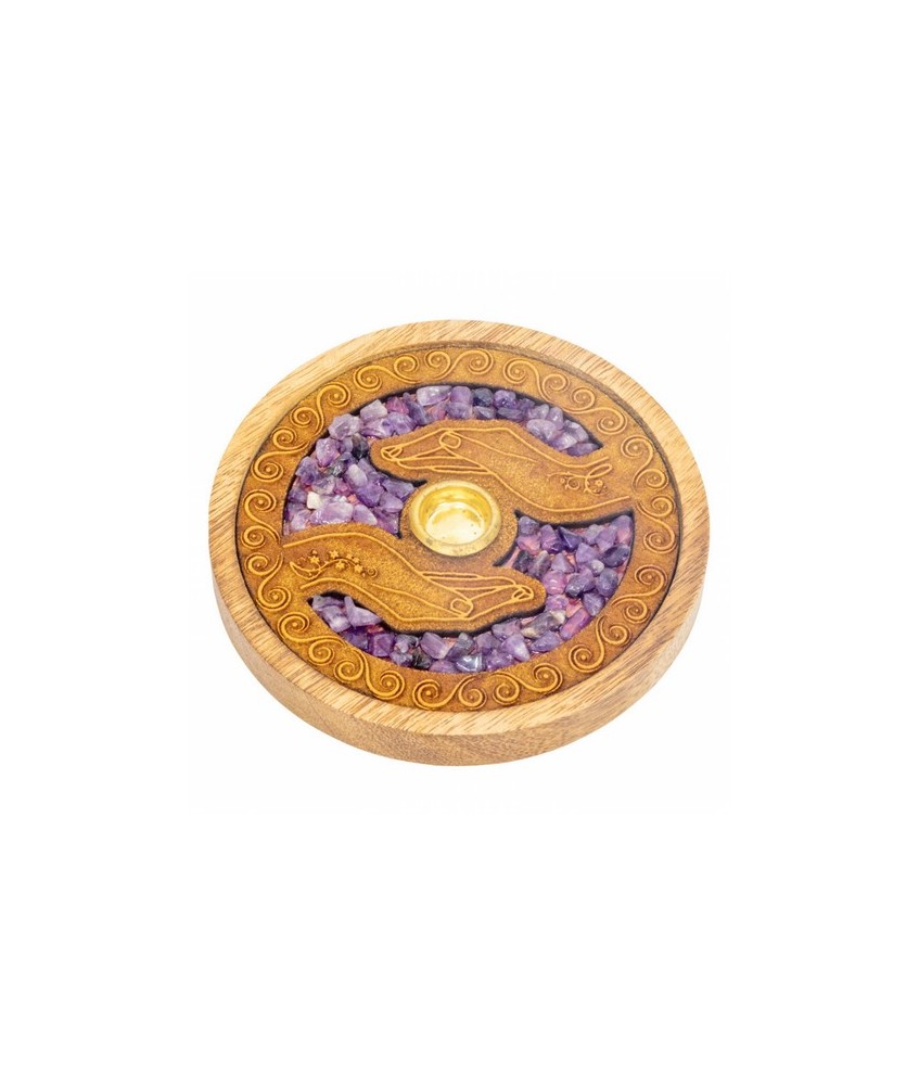Quemador de incienso para varilla y cono. Forma redonda, realizado en madera natural y Amatista, grabado con el simbolo de las 