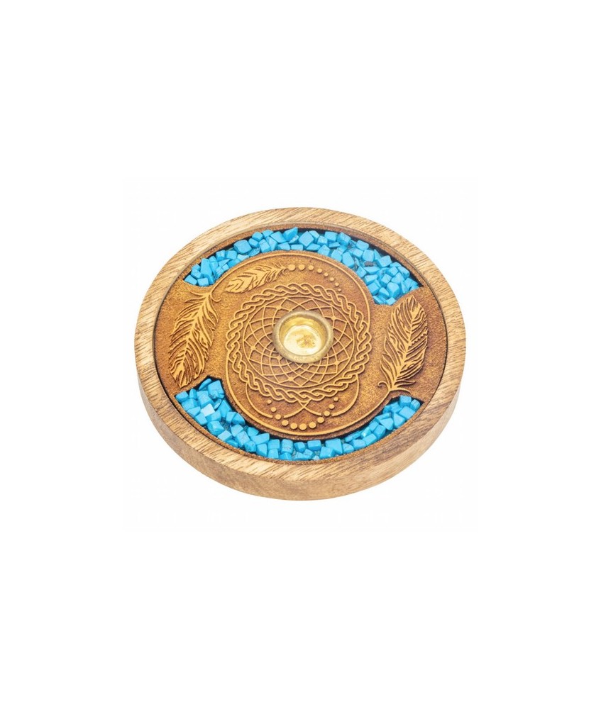 Quemador de incienso para varilla y cono. Forma redonda, realizado en madera natural y Turquenitas, grabado con el simbolo de a