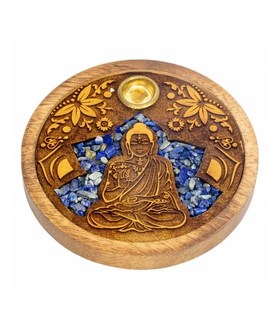 Quemador de incienso para varilla y cono. Forma redonda, realizado en madera natural y Sodalita, grabado con el simbolo de Buda